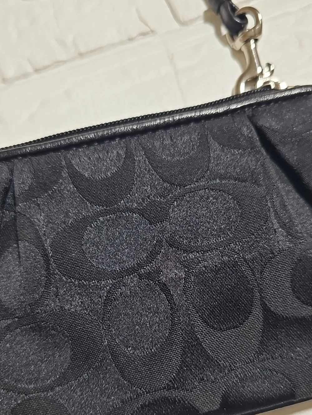 Coach Black Signature Jacquard Wristlet with Leather Strap